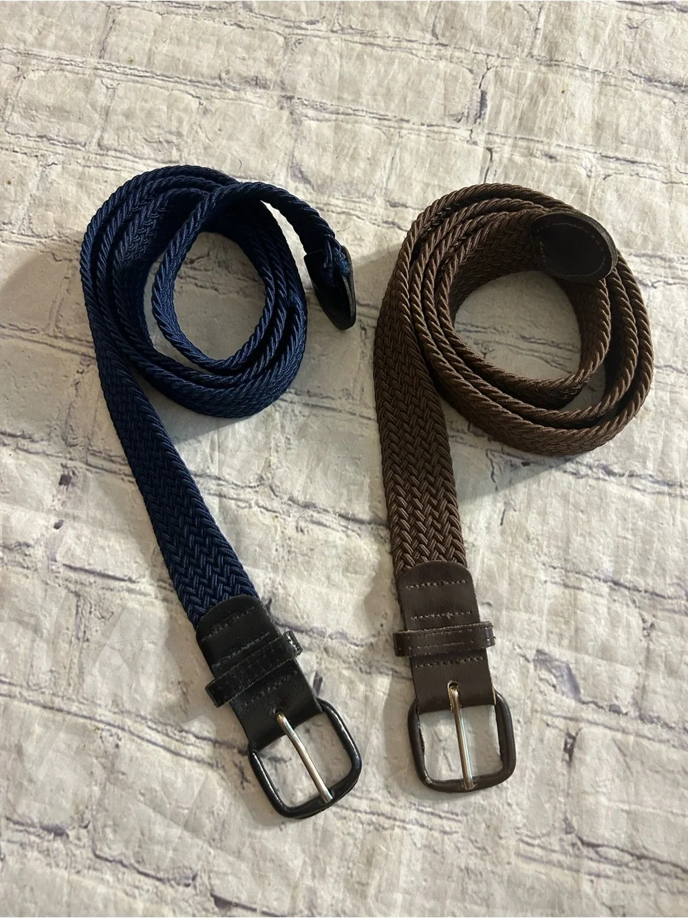 VINTAGE BROWN AND NAVY WITH LEATHER COVERED BUCKLES MEN STRETCH BELTS